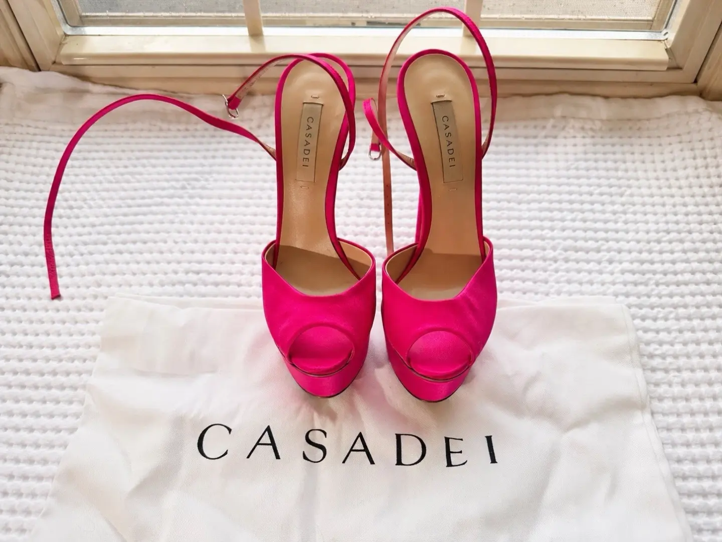Casadei Hot 粉色缎面厚底细高跟鞋凉鞋 5.5 码 IT 35.5 码-