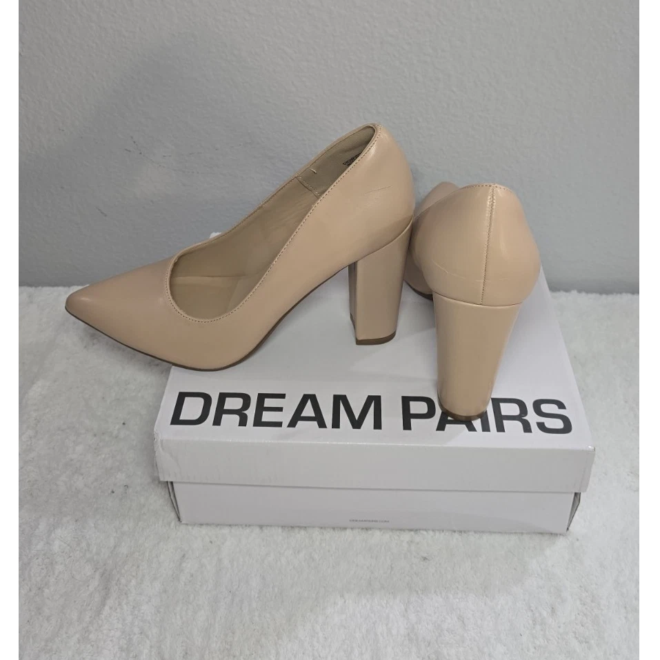 Dream Pairs 裸色方跟高跟鞋尖头懒人合成女式 8 码-