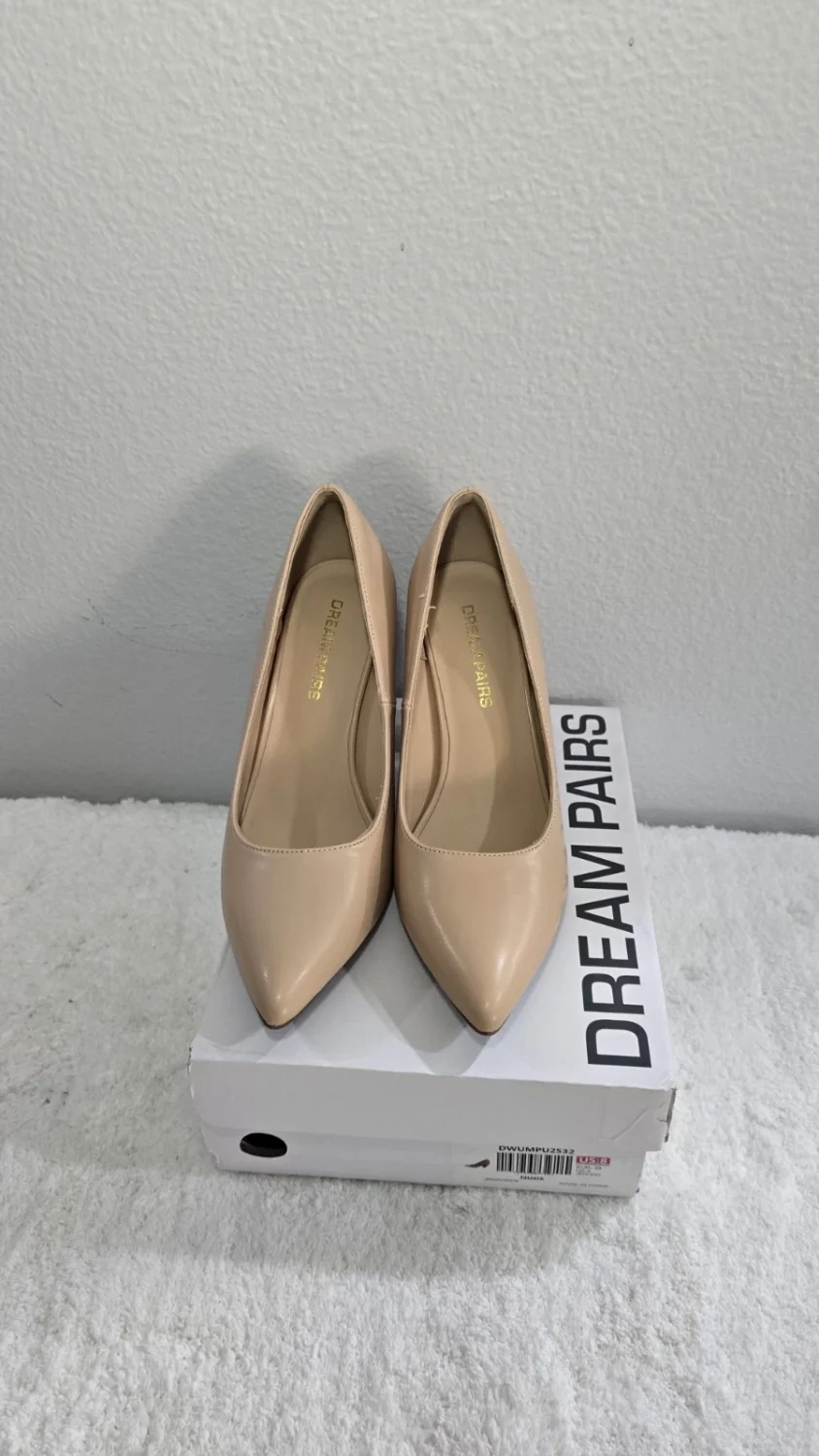 Dream Pairs 裸色方跟高跟鞋尖头懒人合成女式 8 码-
