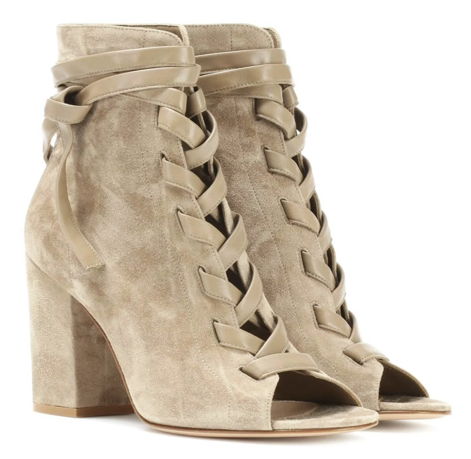 GIANVITO ROSSI⚡️“Brooklyn”棕褐色绒面革露趾系带紧身胸衣靴,尺寸 38.5/8.5-
