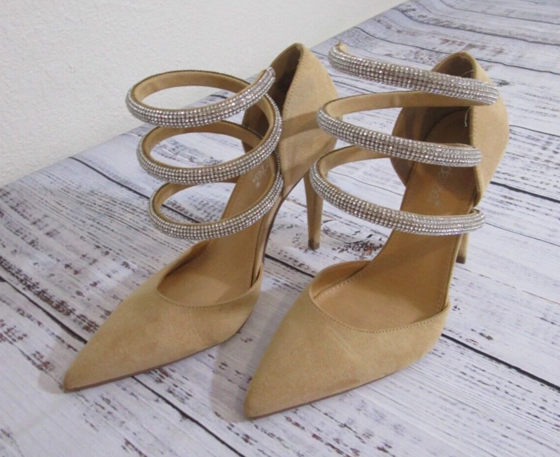 ShoeDazzle Beige Tan Silver Rhinestone Spiral Wrap Ankle Strap Stiletto Heels 8