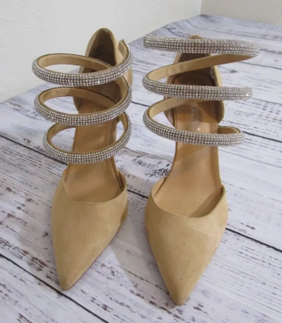 ShoeDazzle Beige Tan Silver Rhinestone Spiral Wrap Ankle Strap Stiletto Heels 8