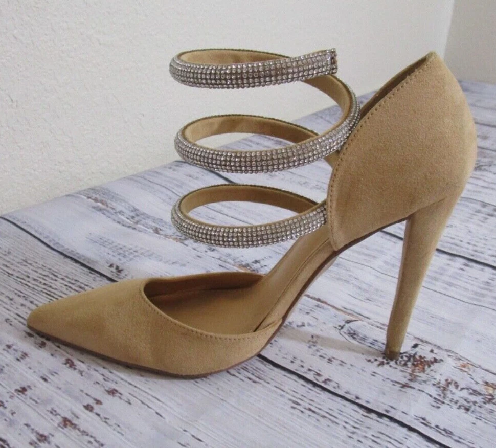 ShoeDazzle Beige Tan Silver Rhinestone Spiral Wrap Ankle Strap Stiletto Heels 8