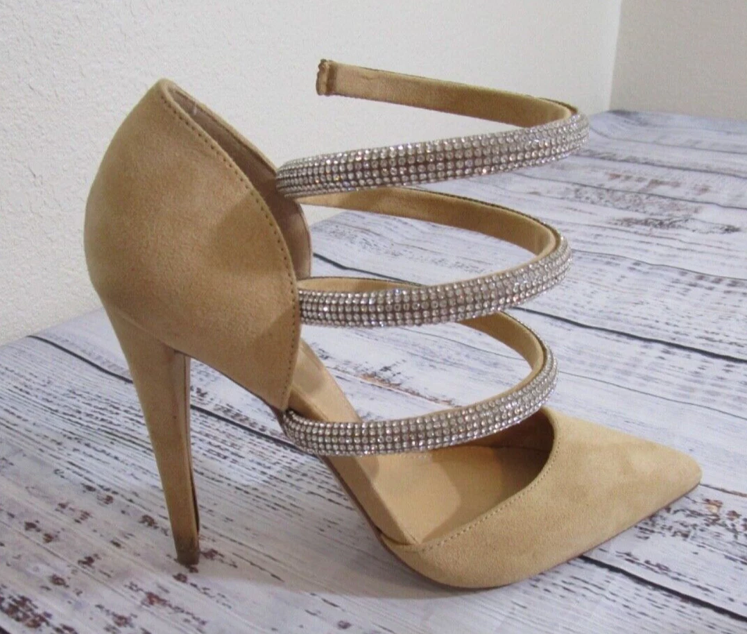 ShoeDazzle Beige Tan Silver Rhinestone Spiral Wrap Ankle Strap Stiletto Heels 8