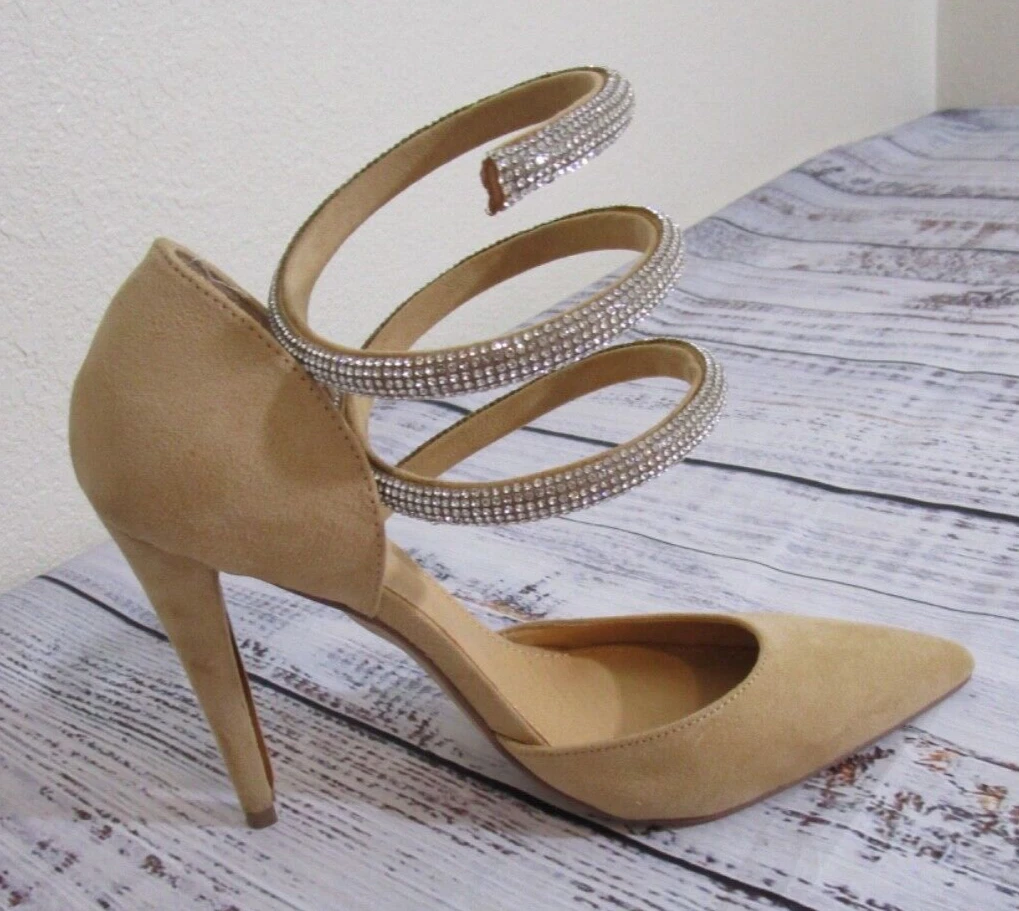 ShoeDazzle Beige Tan Silver Rhinestone Spiral Wrap Ankle Strap Stiletto Heels 8