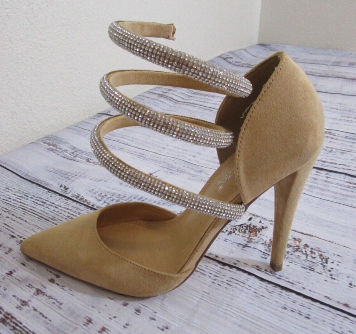 ShoeDazzle Beige Tan Silver Rhinestone Spiral Wrap Ankle Strap Stiletto Heels 8