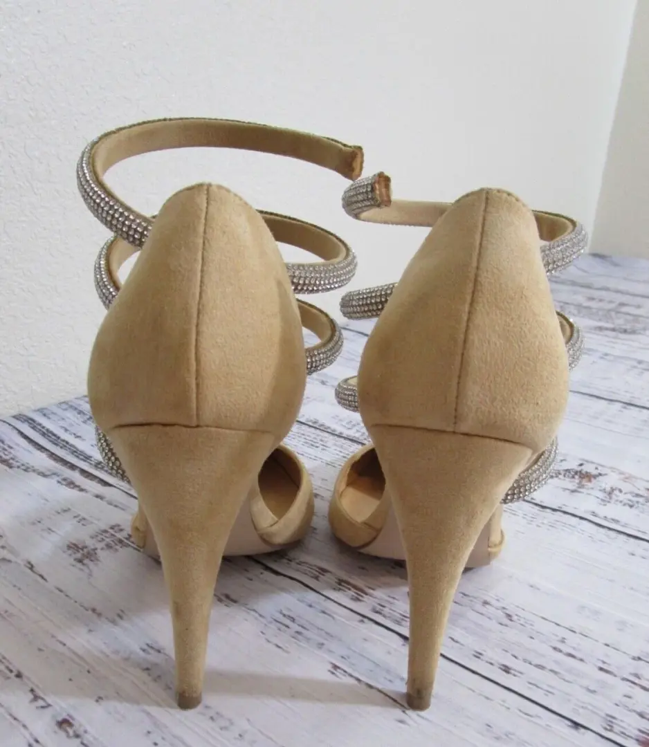 ShoeDazzle Beige Tan Silver Rhinestone Spiral Wrap Ankle Strap Stiletto Heels 8