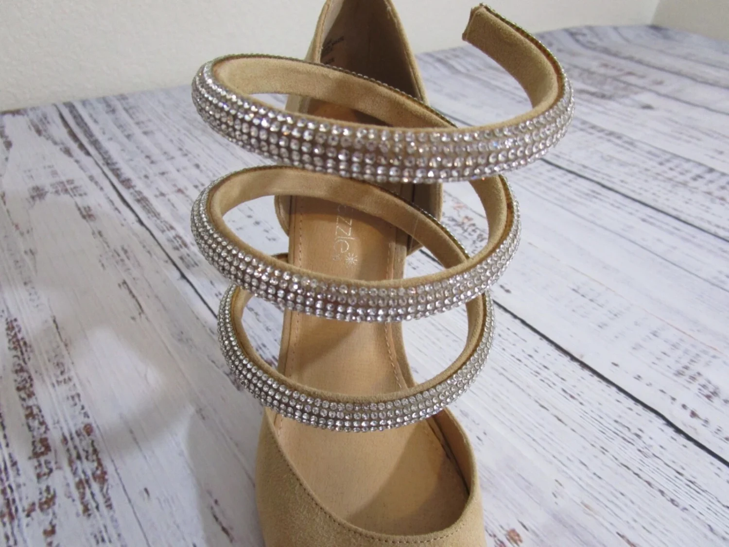 ShoeDazzle Beige Tan Silver Rhinestone Spiral Wrap Ankle Strap Stiletto Heels 8