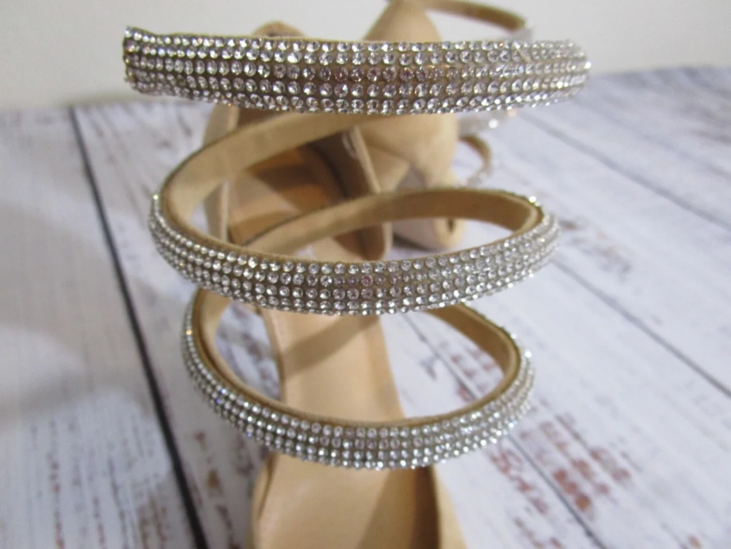 ShoeDazzle Beige Tan Silver Rhinestone Spiral Wrap Ankle Strap Stiletto Heels 8