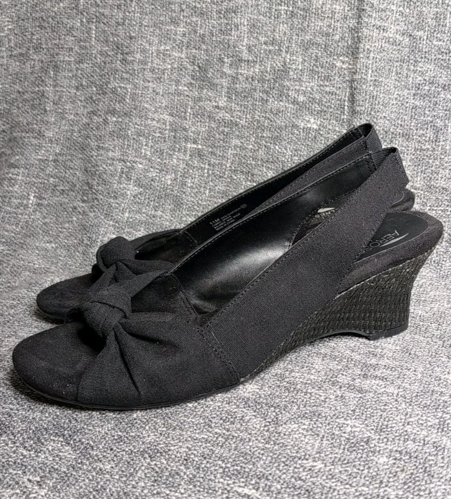 Aerosoles Heelrest 女式 11 M 露趾蝴蝶结露背被子楔形黑色禅宗-