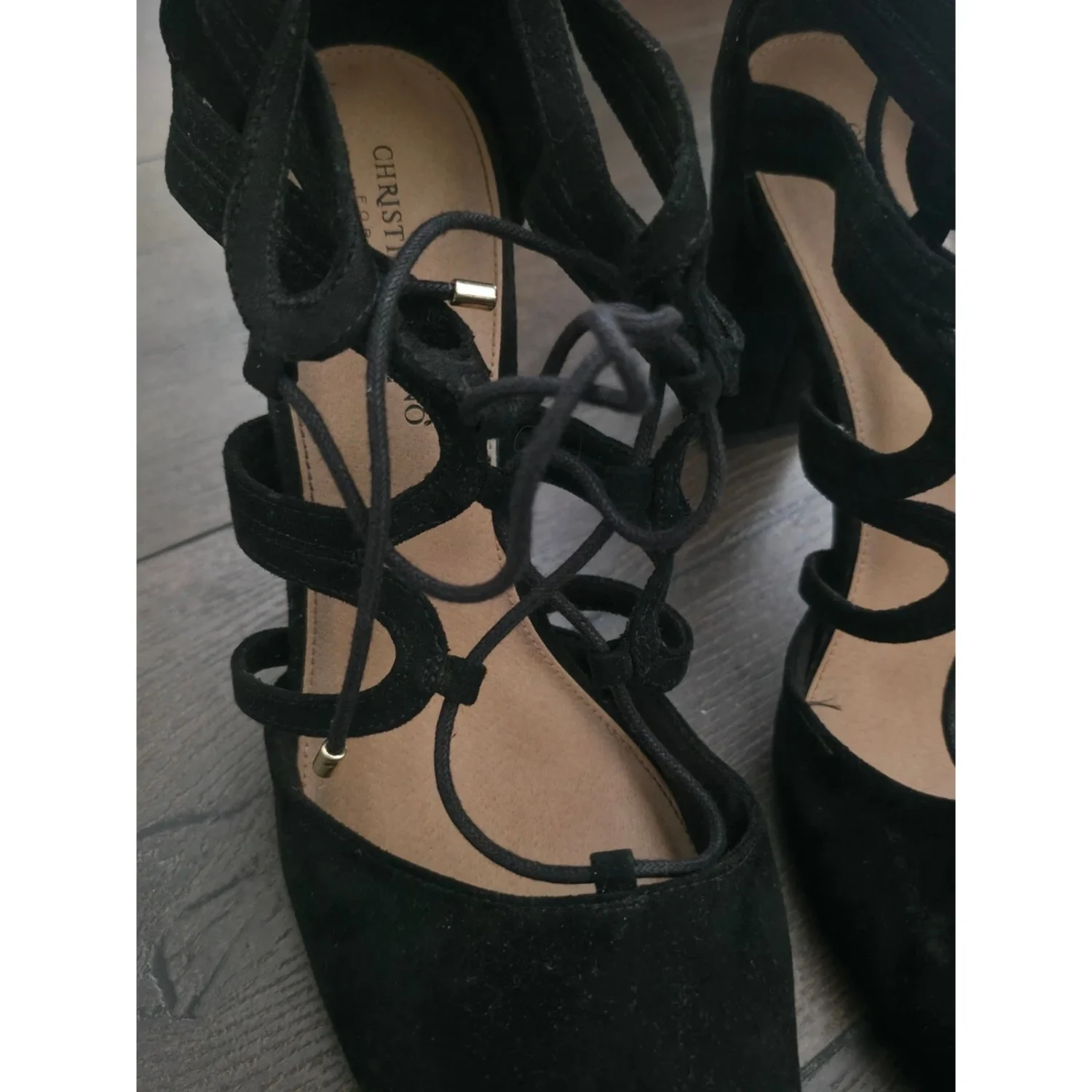 Christian Siriano 黑色系带粗跟高跟鞋-
