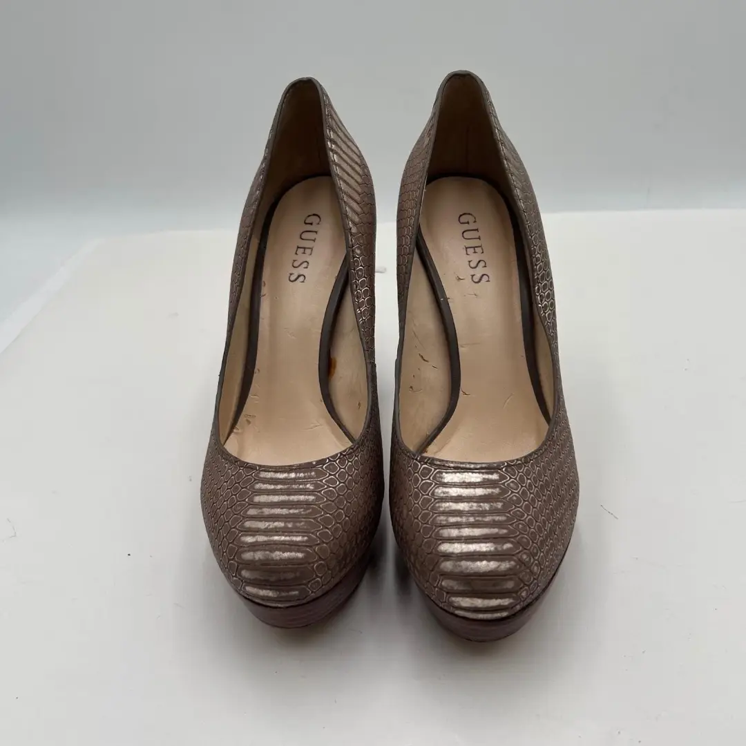 复古 Guess 女式 7.5M 码棕色皮革蛇皮厚底细高跟鞋-