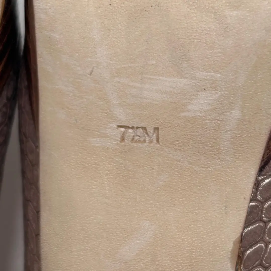 复古 Guess 女式 7.5M 码棕色皮革蛇皮厚底细高跟鞋-