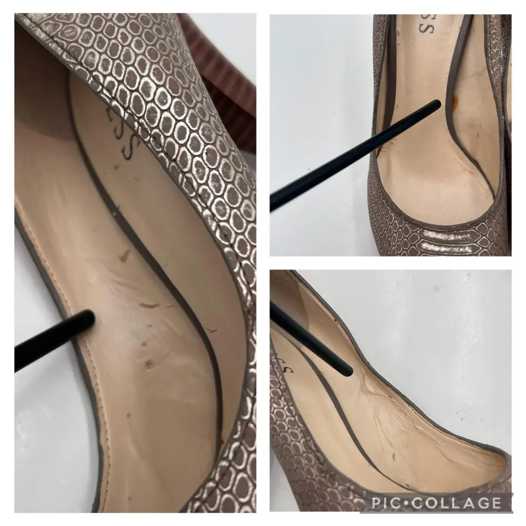 复古 Guess 女式 7.5M 码棕色皮革蛇皮厚底细高跟鞋-