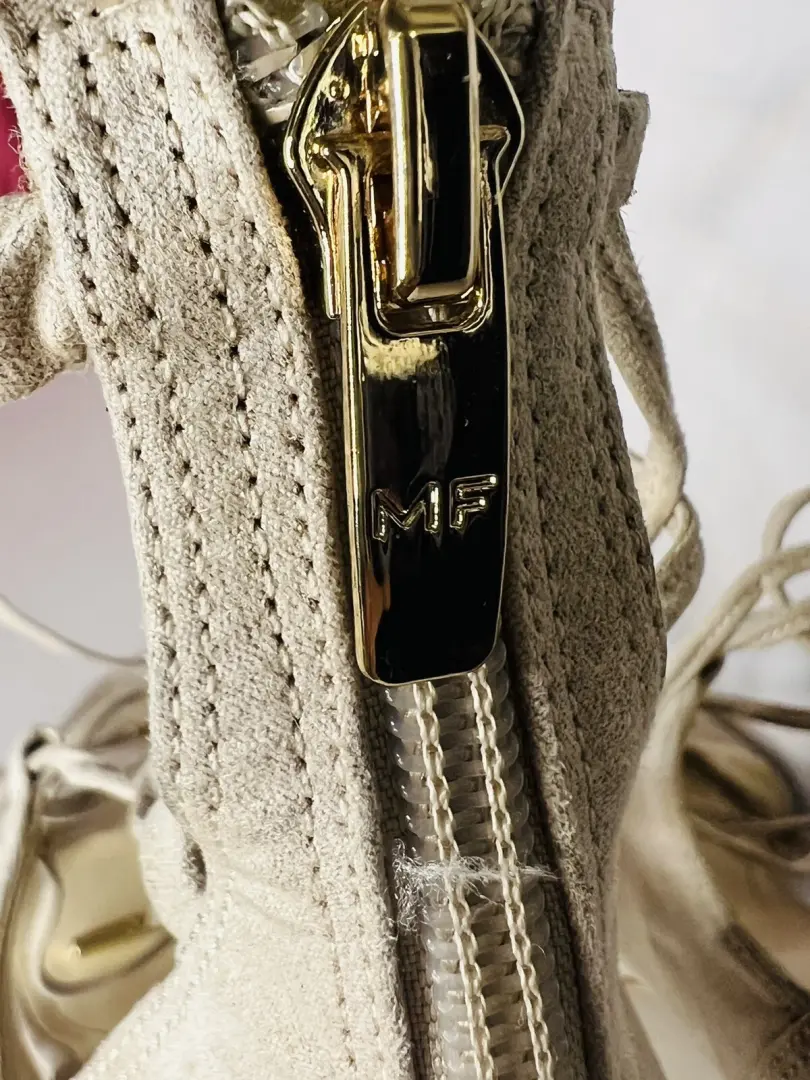 Marc Fisher 米色麂皮绒腿包系带露趾高跟鞋女式 7 码-
