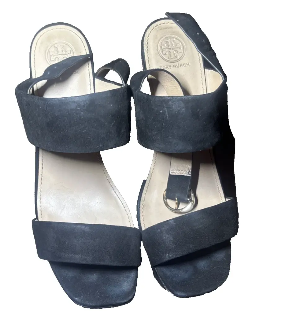 Tory Burch Loretta 厚底凉鞋天鹅绒粗跟踝带 Blac 鞋 8.5-