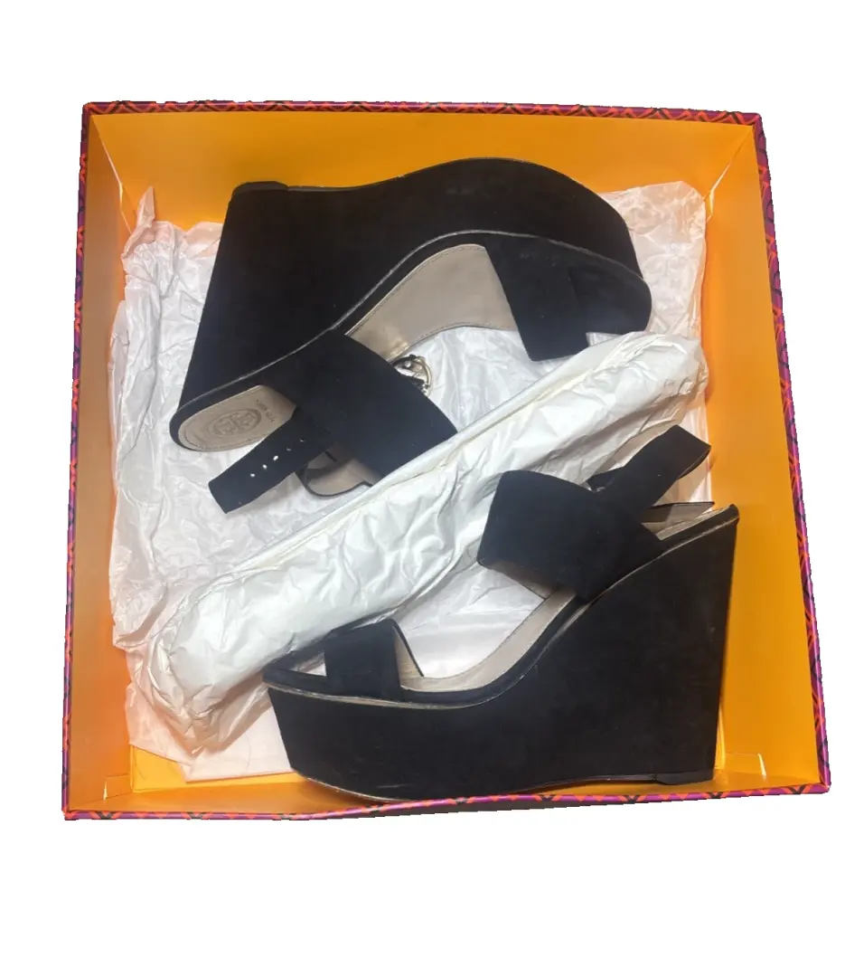 Tory Burch Loretta 厚底凉鞋天鹅绒粗跟踝带 Blac 鞋 8.5-