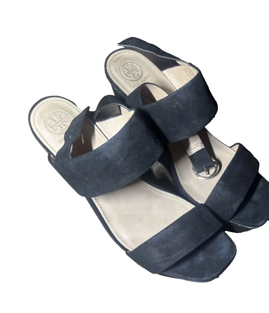 Tory Burch Loretta 厚底凉鞋天鹅绒粗跟踝带 Blac 鞋 8.5-