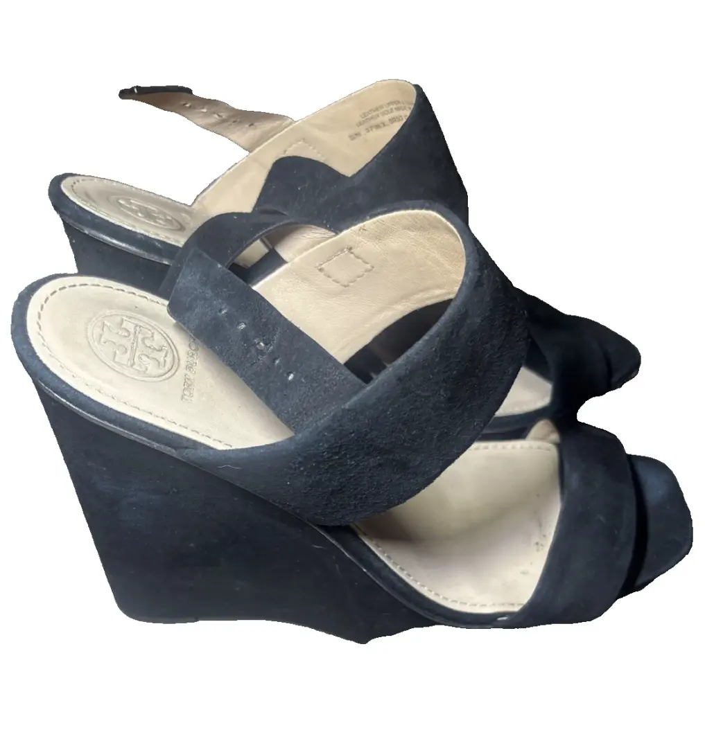 Tory Burch Loretta 厚底凉鞋天鹅绒粗跟踝带 Blac 鞋 8.5-