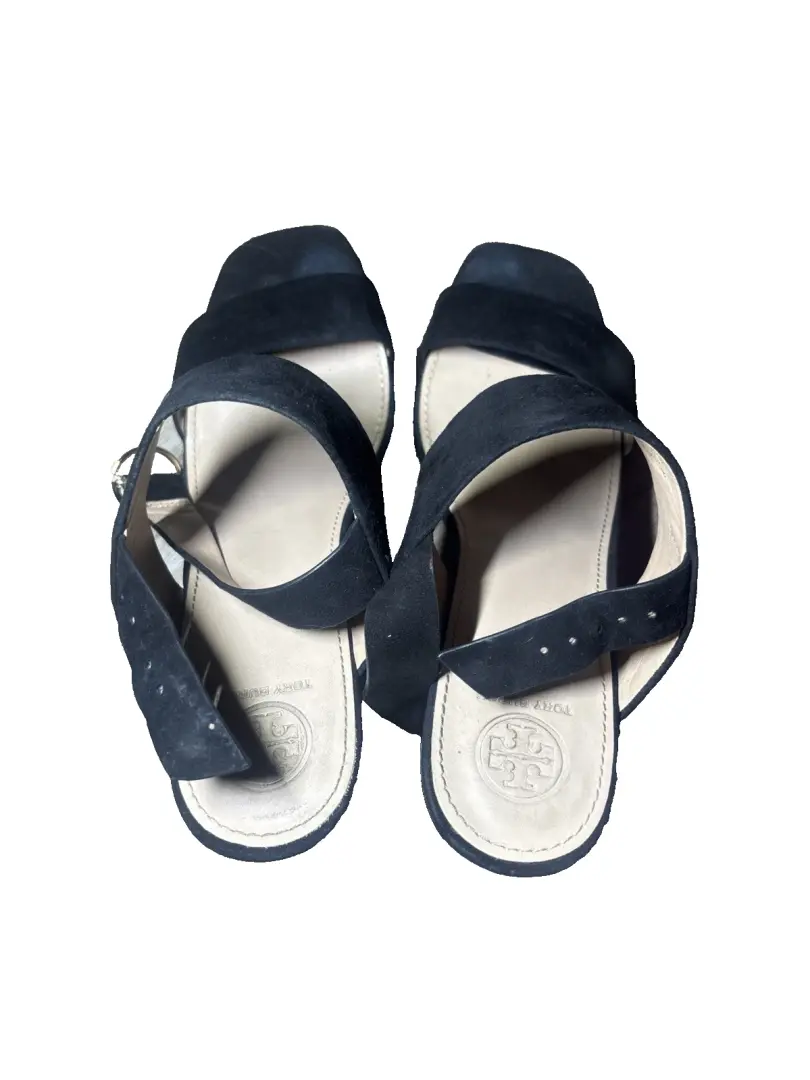 Tory Burch Loretta 厚底凉鞋天鹅绒粗跟踝带 Blac 鞋 8.5-
