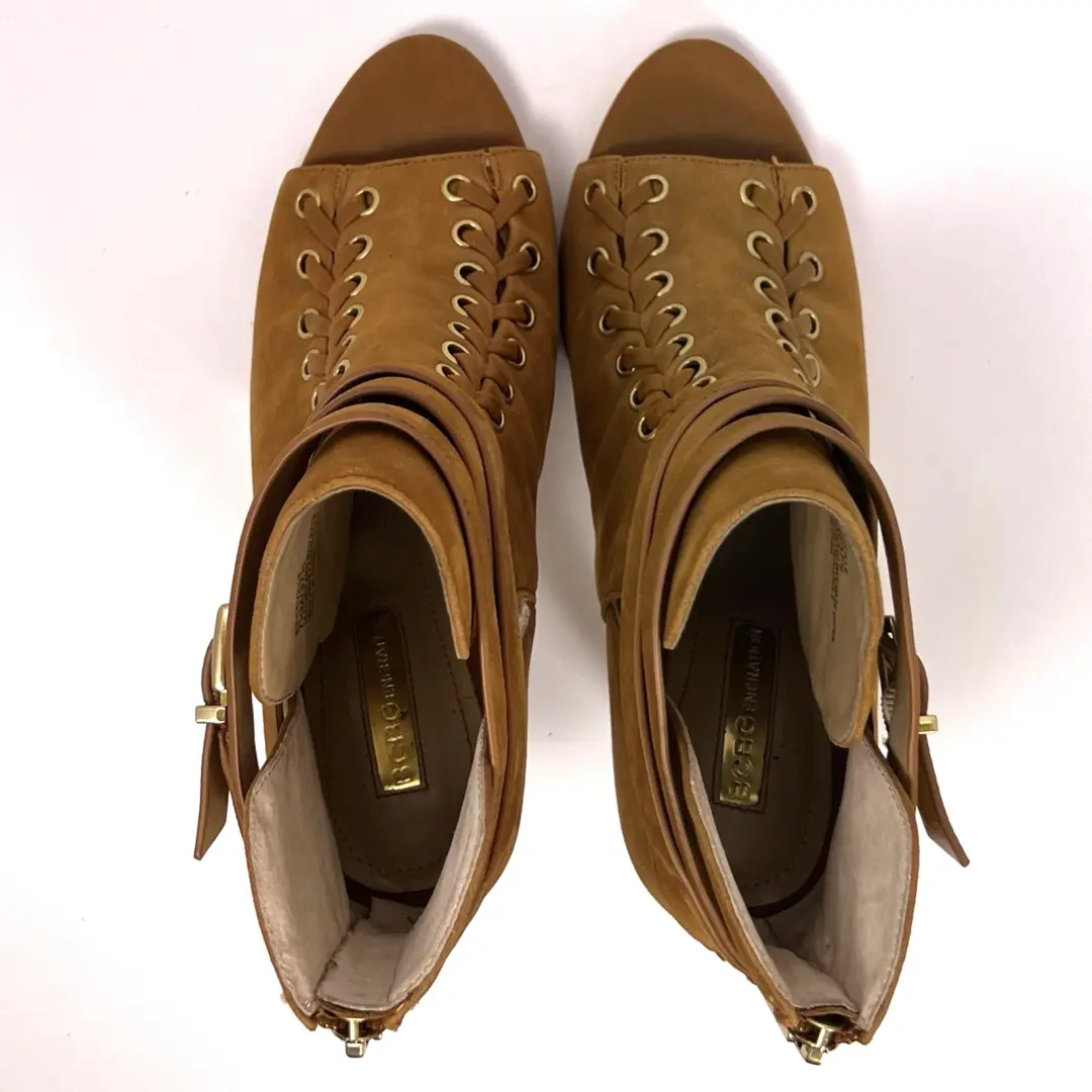 BCBGeneration 鞋 Ceville 细高跟鞋棕褐色皮革短靴露趾花边 7.5-