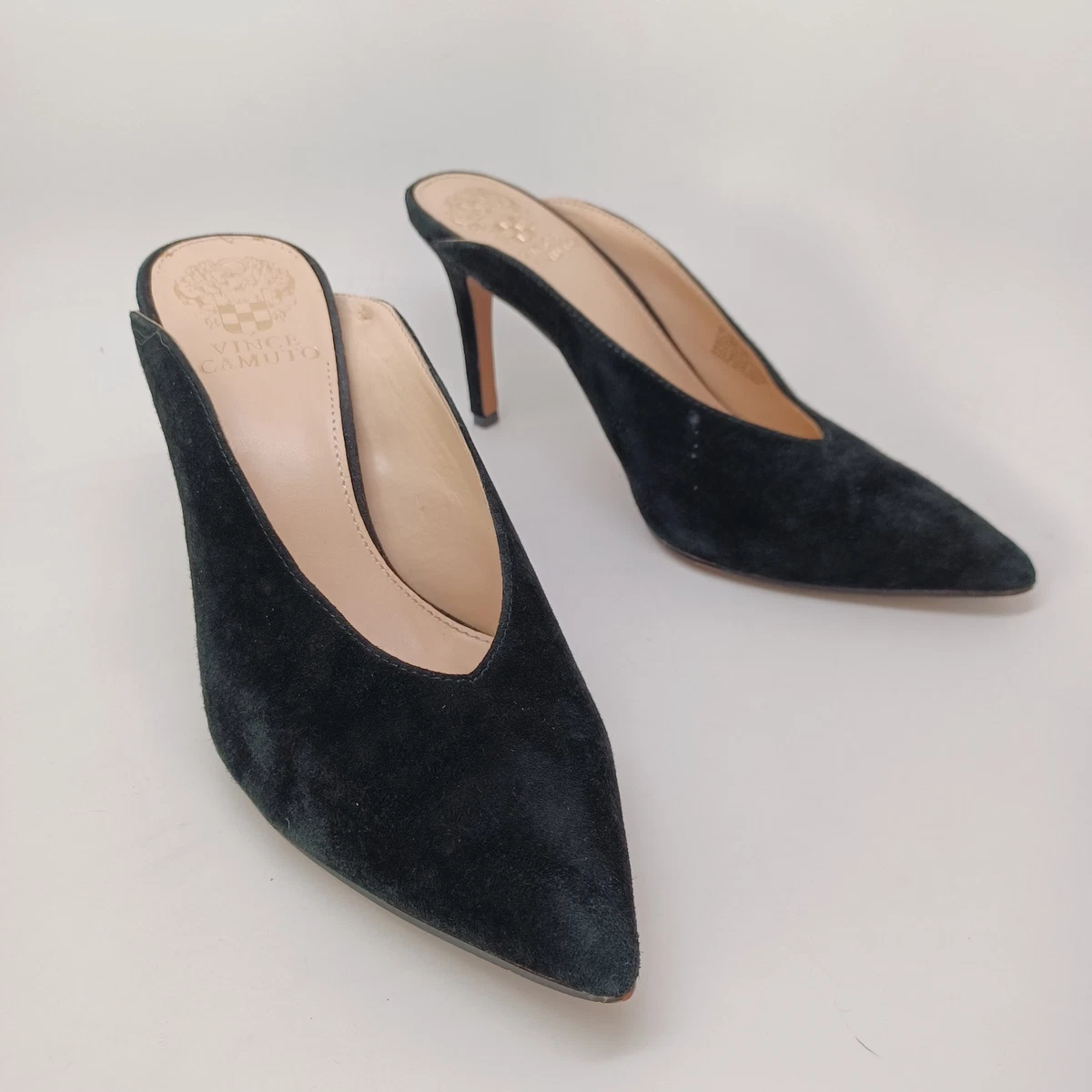 Vince Camuto 麂皮穆勒鞋女式 US 7.5 黑色一脚蹬精致高跟鞋-