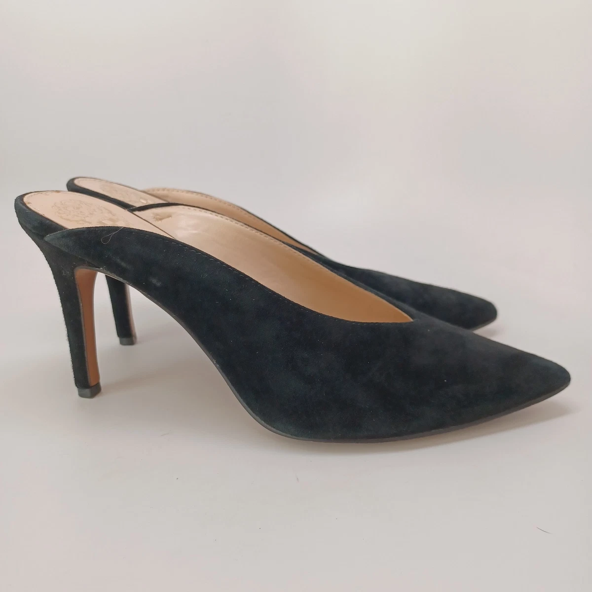 Vince Camuto 麂皮穆勒鞋女式 US 7.5 黑色一脚蹬精致高跟鞋-