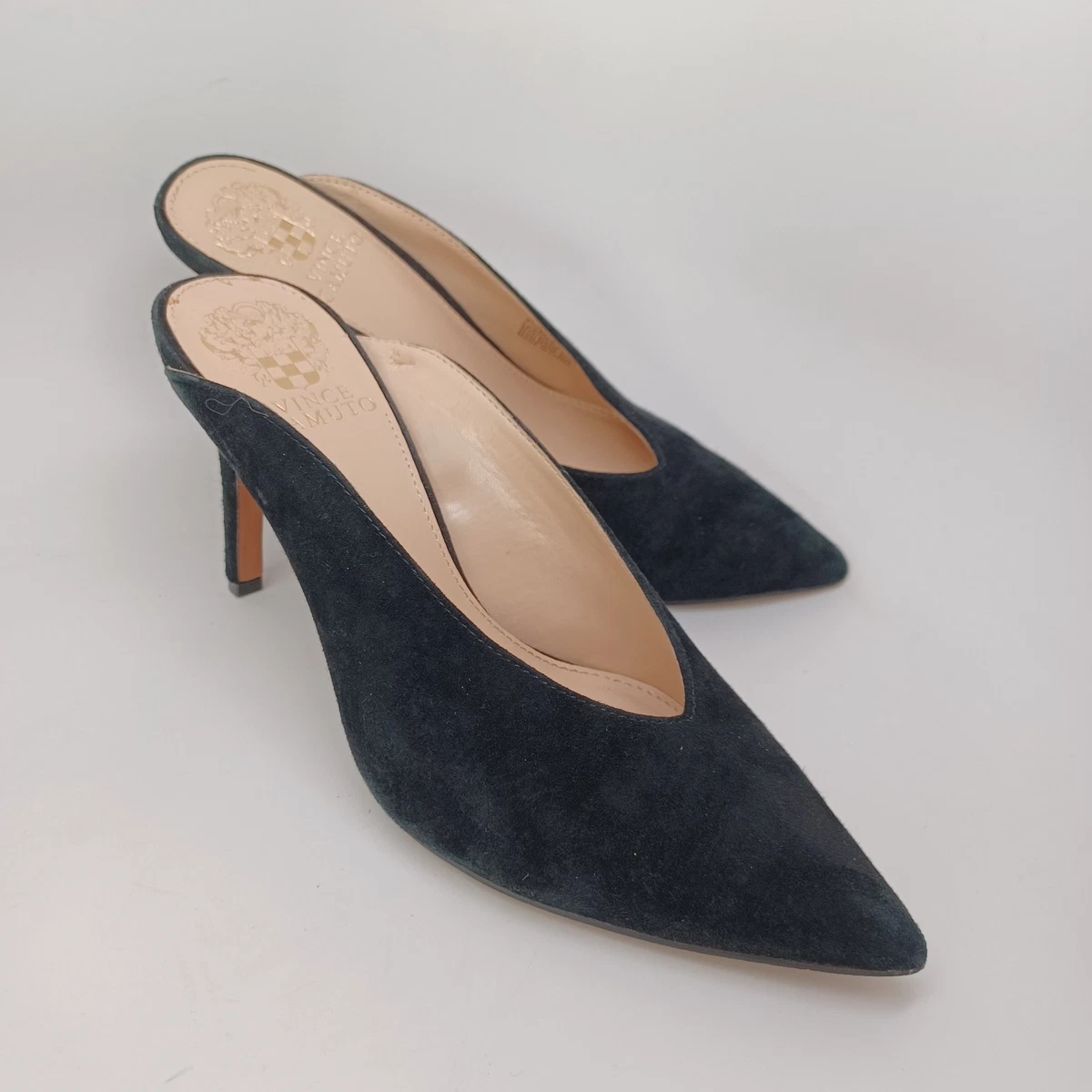 Vince Camuto 麂皮穆勒鞋女式 US 7.5 黑色一脚蹬精致高跟鞋-