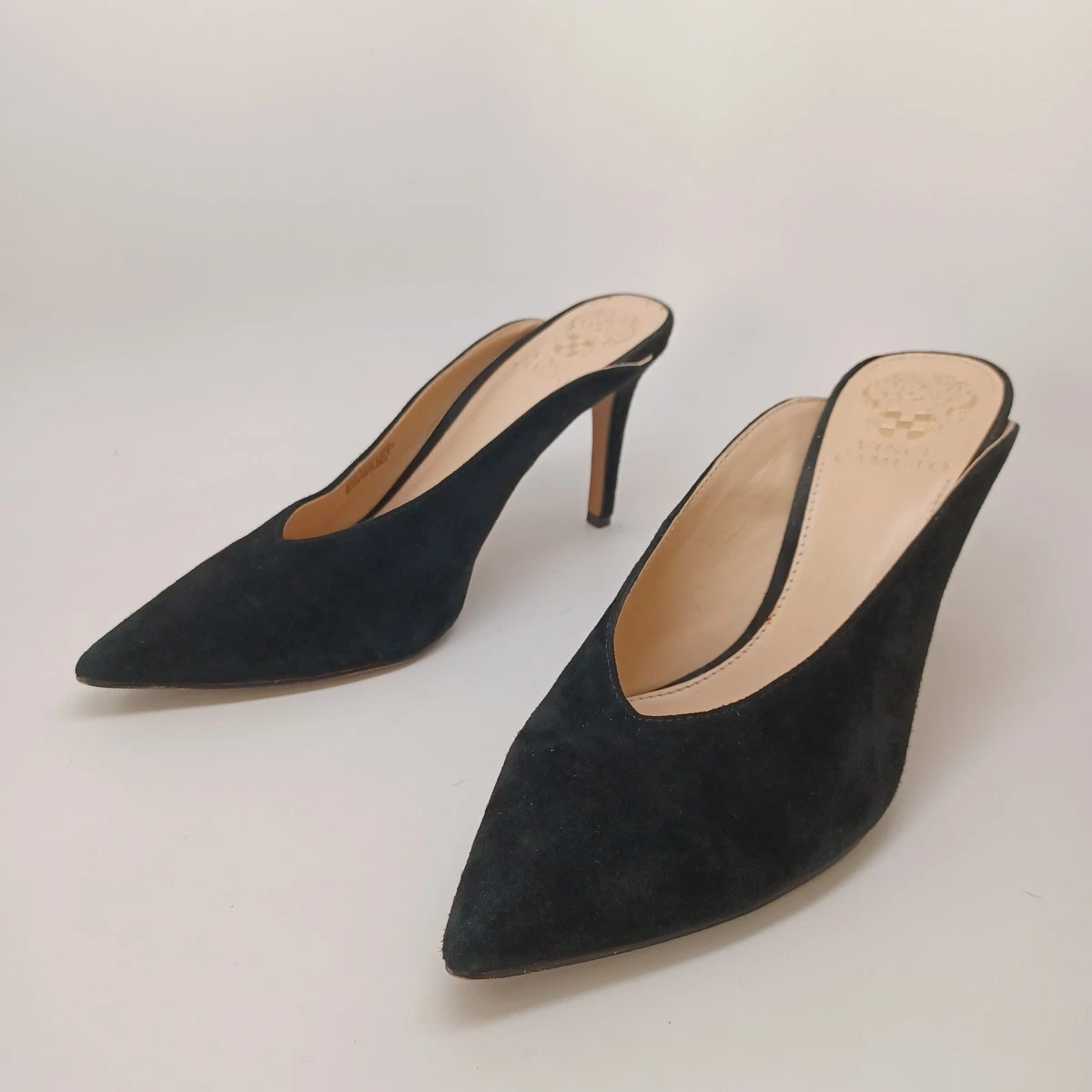 Vince Camuto 麂皮穆勒鞋女式 US 7.5 黑色一脚蹬精致高跟鞋-