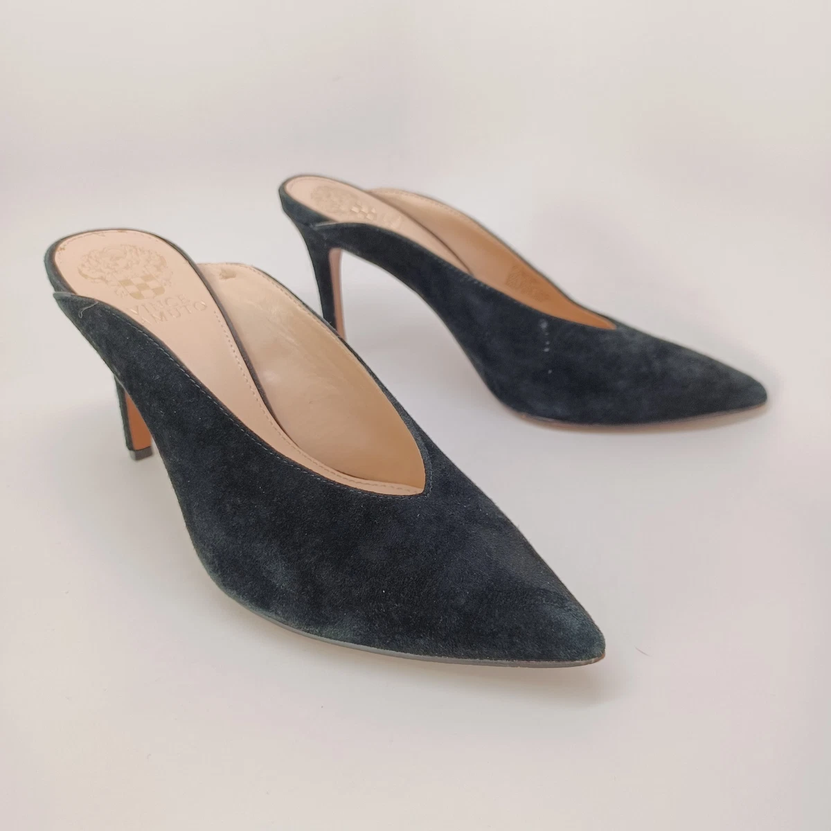 Vince Camuto 麂皮穆勒鞋女式 US 7.5 黑色一脚蹬精致高跟鞋-