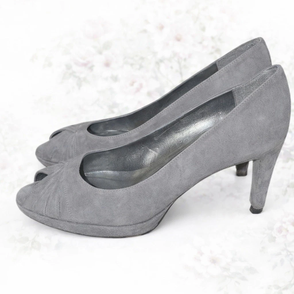 女式 Stuart Weitzman 灰色麂皮绒露趾高跟鞋 8 M 码 -