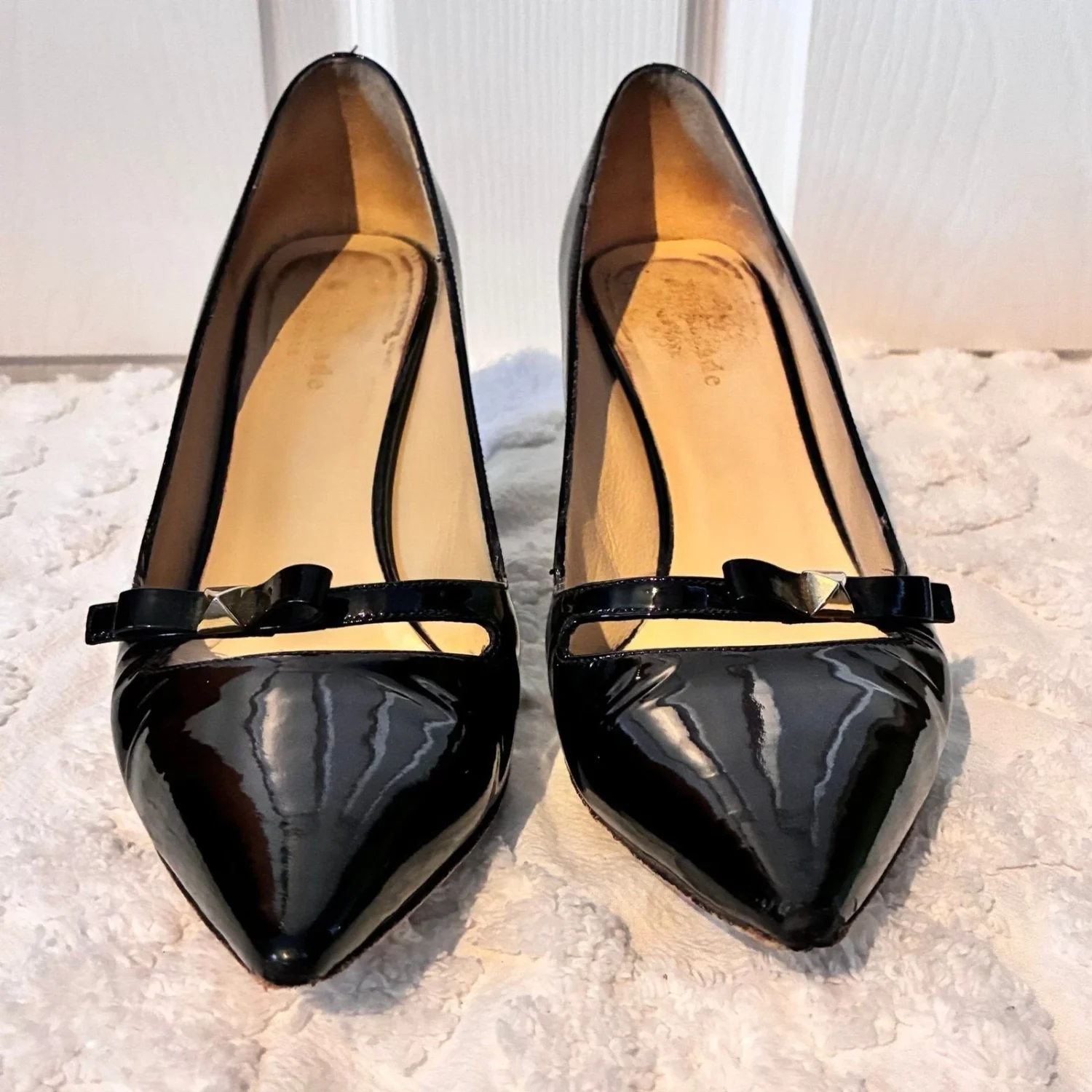 Kate Spade New York 漆皮蝴蝶结高跟鞋 7.5 码黑色意大利制造-
