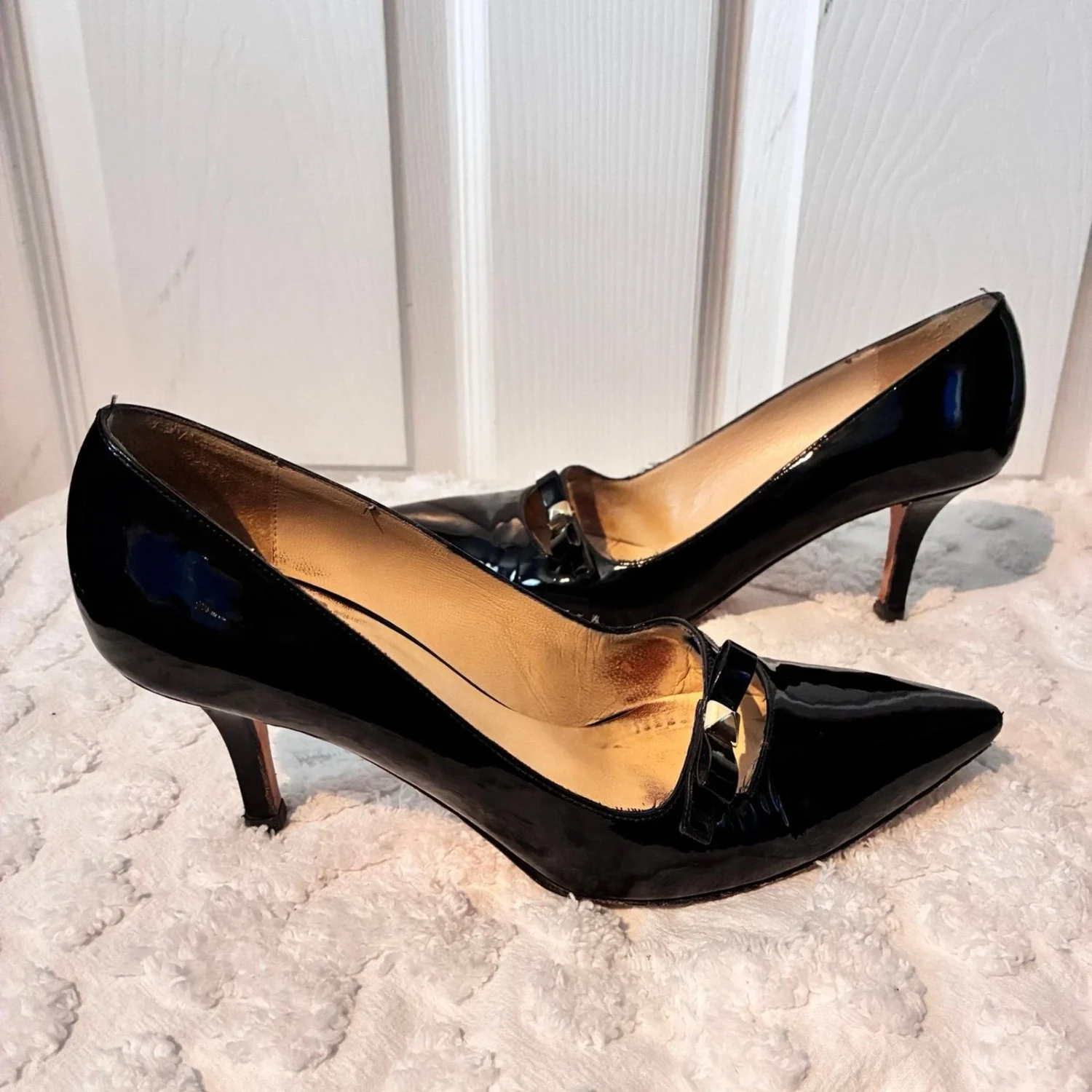 Kate Spade New York 漆皮蝴蝶结高跟鞋 7.5 码黑色意大利制造-