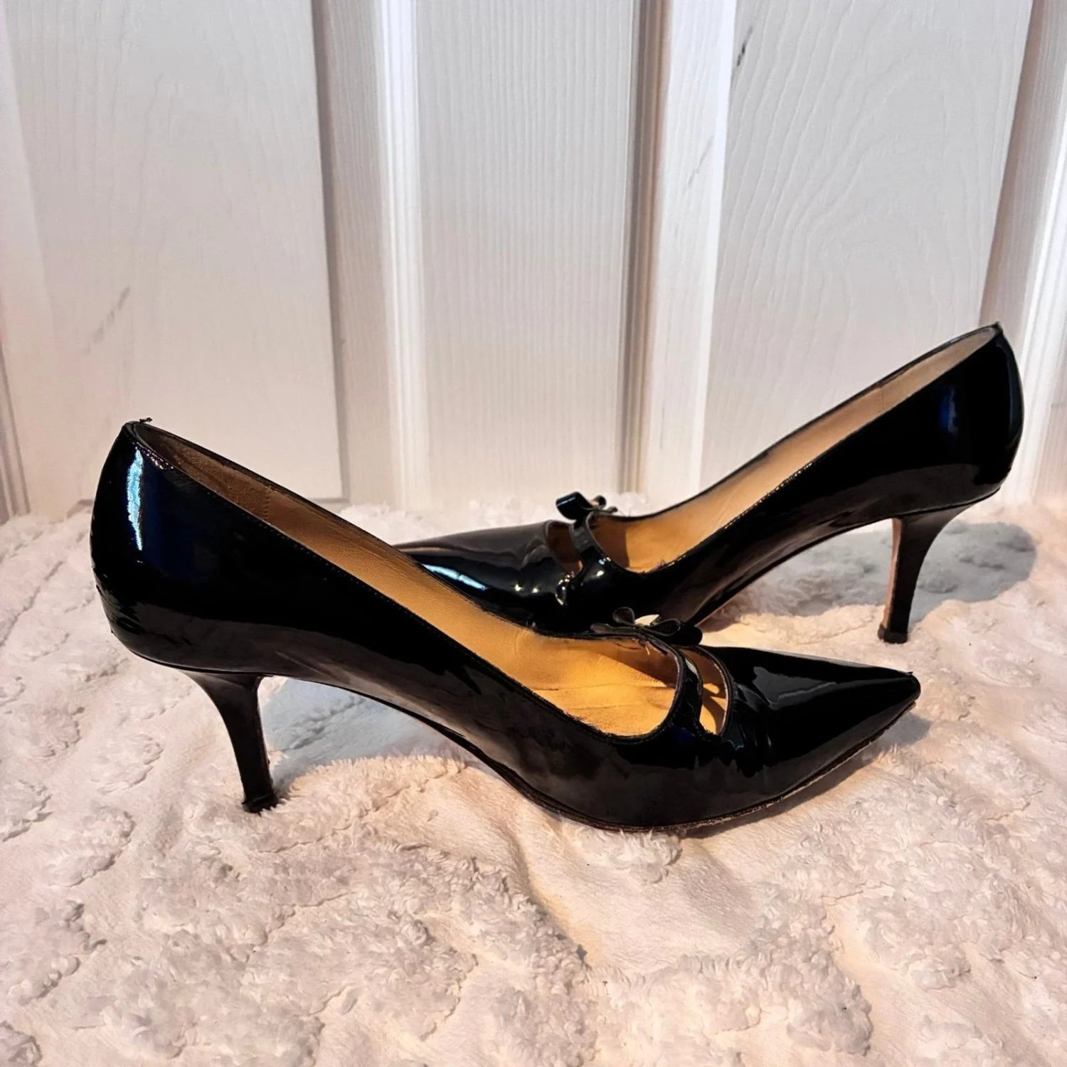 Kate Spade New York 漆皮蝴蝶结高跟鞋 7.5 码黑色意大利制造-