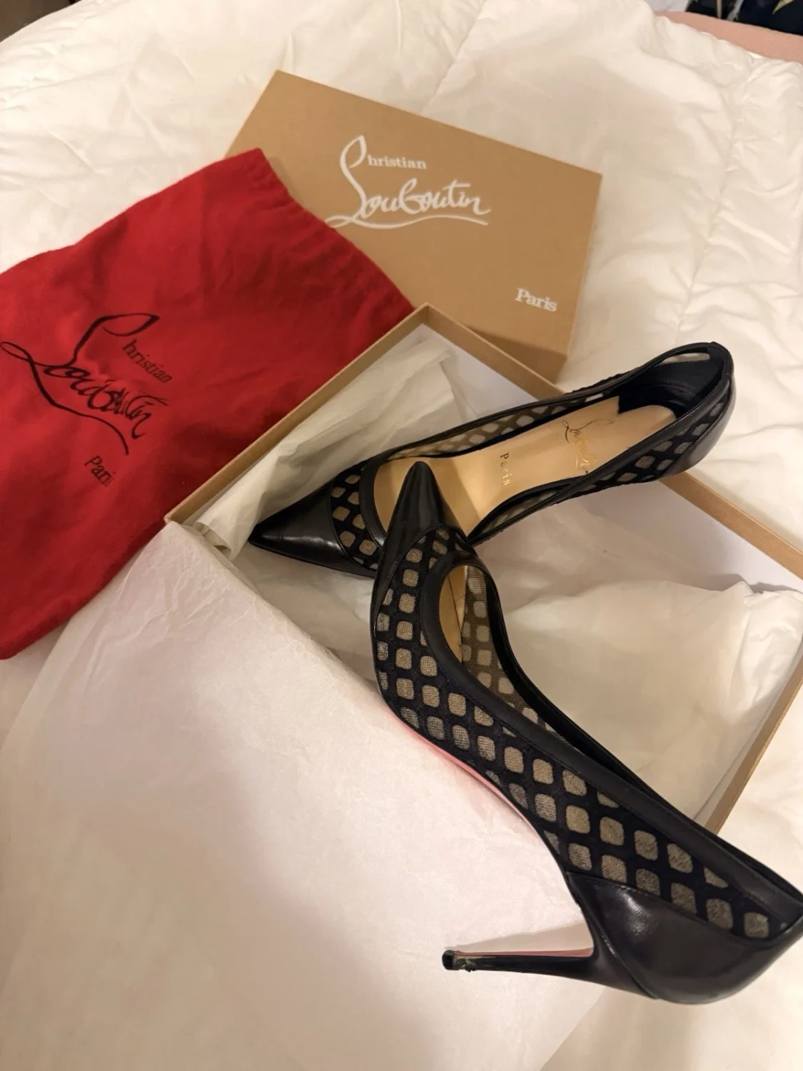 Christian Louboutin 黑色皮革网眼尖头细高跟鞋 EU 38.5-