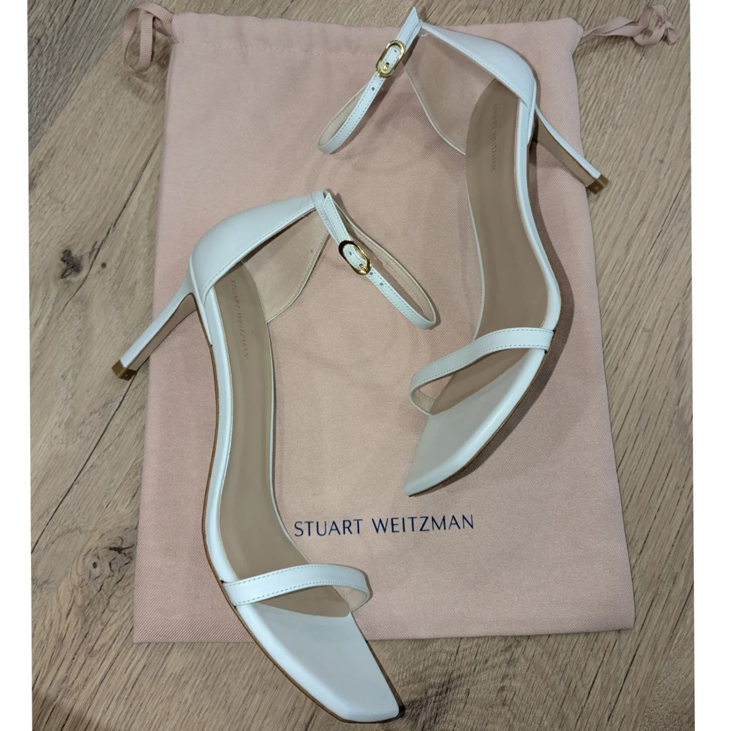 Stuart Weitzman Amelina白色皮革踝带高跟鞋方头女式9.5码-
