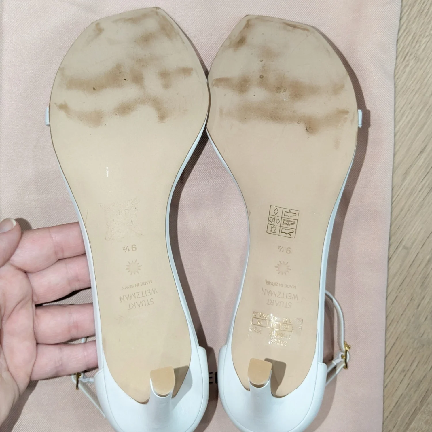 Stuart Weitzman Amelina白色皮革踝带高跟鞋方头女式9.5码-