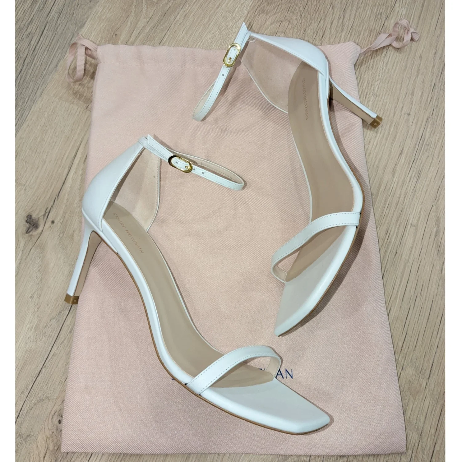 Stuart Weitzman Amelina白色皮革踝带高跟鞋方头女式9.5码-