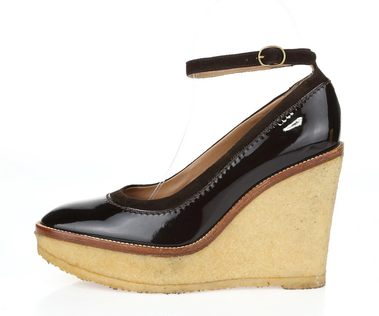 女式 YSL YVES SAINT LAURENT 棕色漆皮楔形高跟鞋 尺寸 36 M-