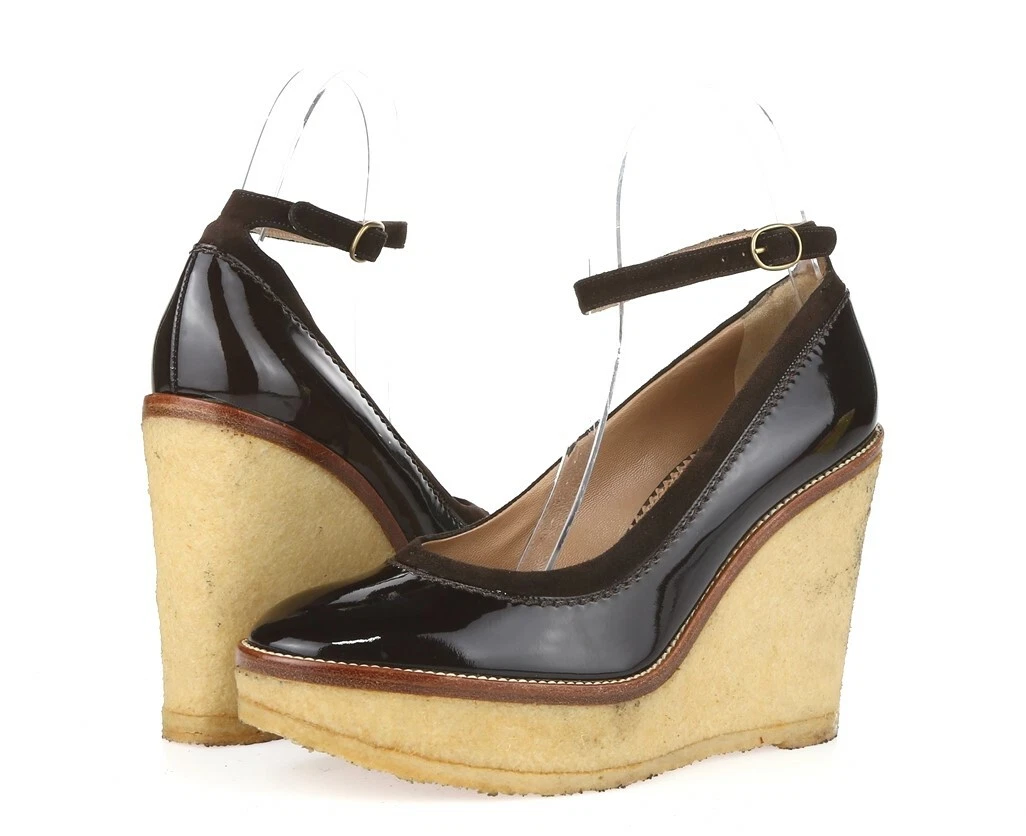 女式 YSL YVES SAINT LAURENT 棕色漆皮楔形高跟鞋 尺寸 36 M-