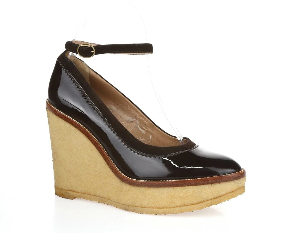 女式 YSL YVES SAINT LAURENT 棕色漆皮楔形高跟鞋 尺寸 36 M-