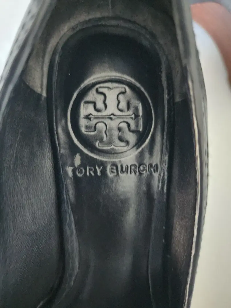 Tory Burch Carnell 女式楔形海军蓝方形标志皮革露趾鞋 5.5-