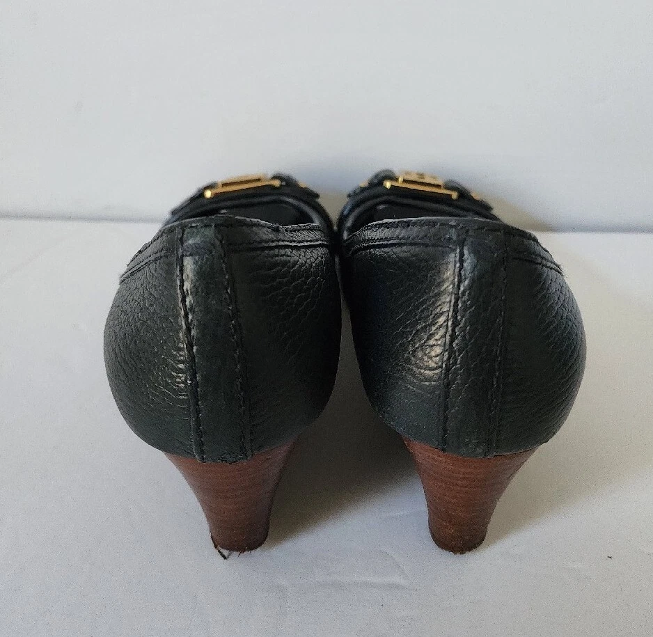 Tory Burch Carnell 女式楔形海军蓝方形标志皮革露趾鞋 5.5-