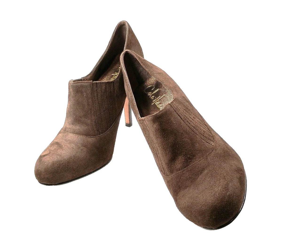 女式 7.5 码 COLE HAAN 靴子浅口棕色麂皮绒细高跟鞋圆头舒适-