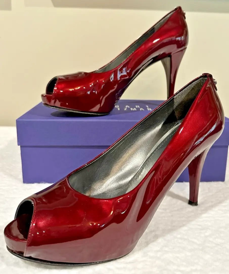 Stuart Weitzman 漆皮露趾高跟鞋 | 红酒 | 厚底高跟鞋 | 性感-