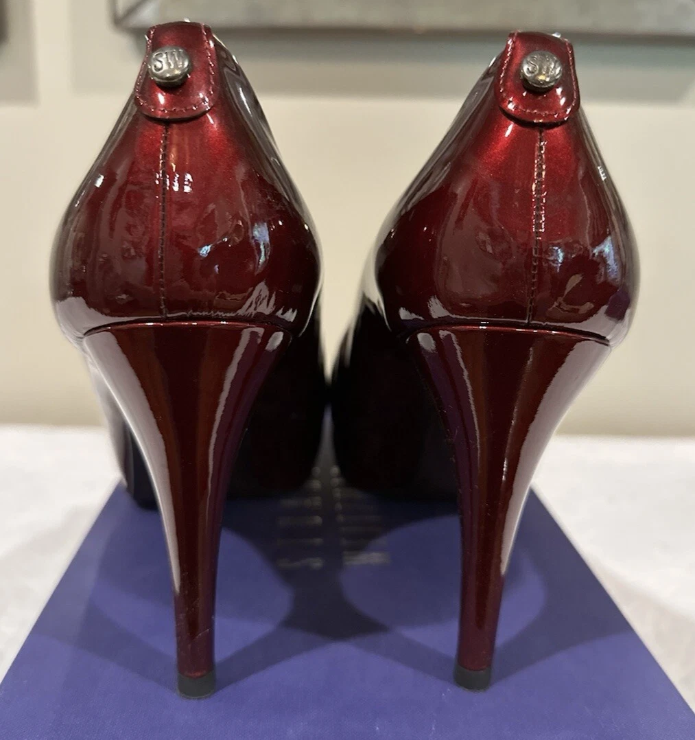 Stuart Weitzman 漆皮露趾高跟鞋 | 红酒 | 厚底高跟鞋 | 性感-