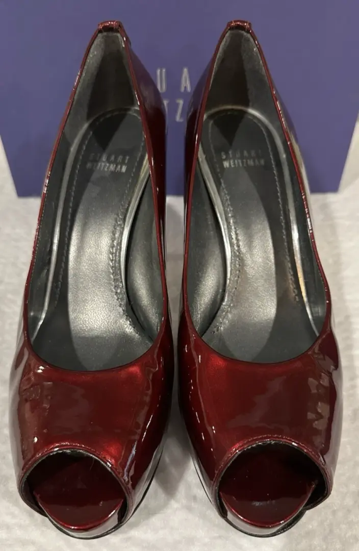 Stuart Weitzman 漆皮露趾高跟鞋 | 红酒 | 厚底高跟鞋 | 性感-