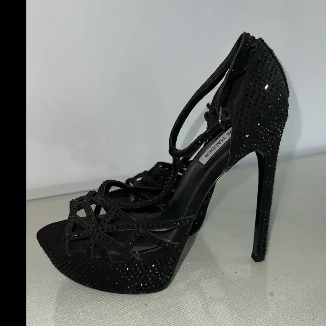 Steve Madden 女式黑色水钻绑带踝带露趾细高跟鞋 9-