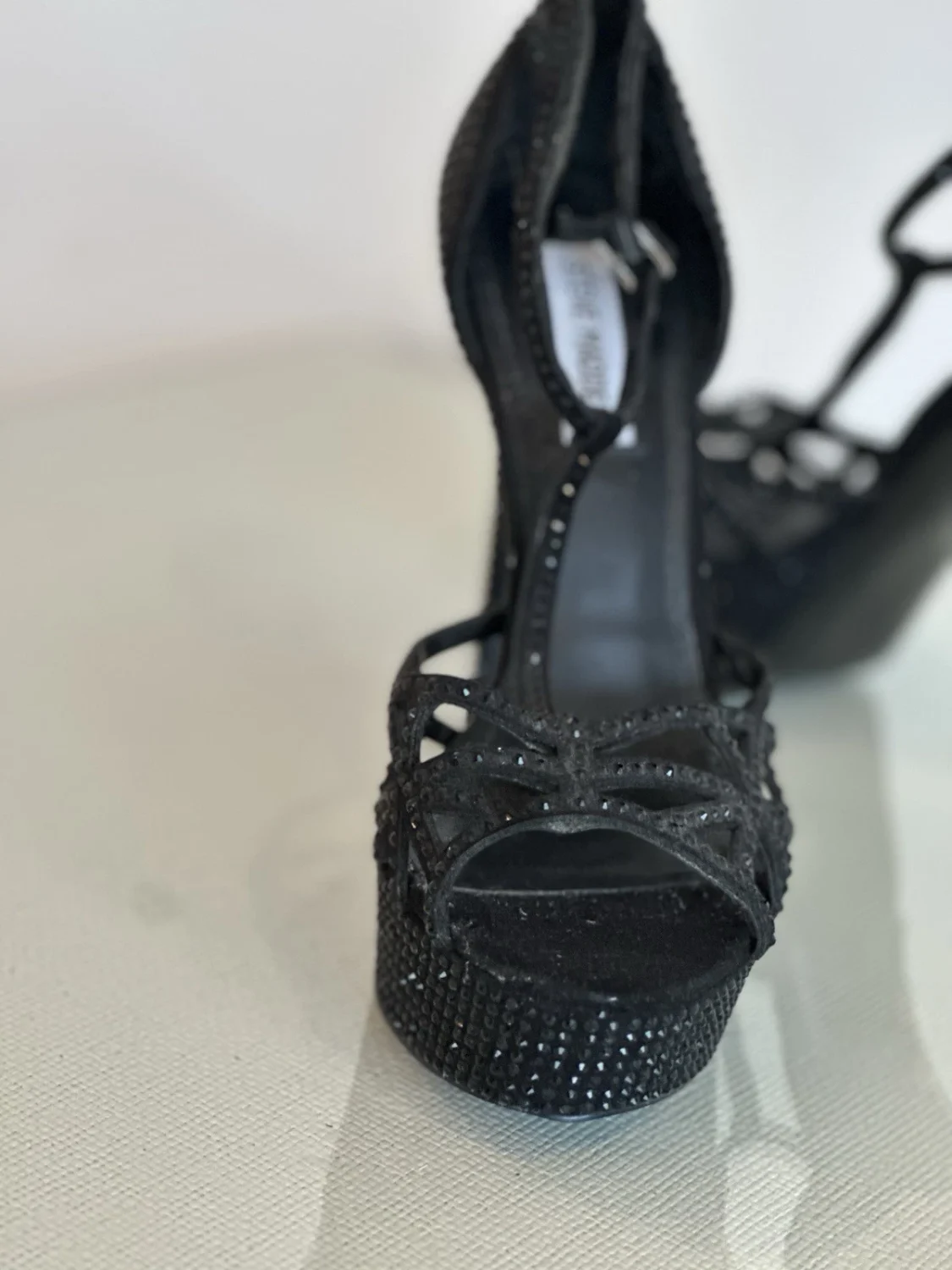 Steve Madden 女式黑色水钻绑带踝带露趾细高跟鞋 9-