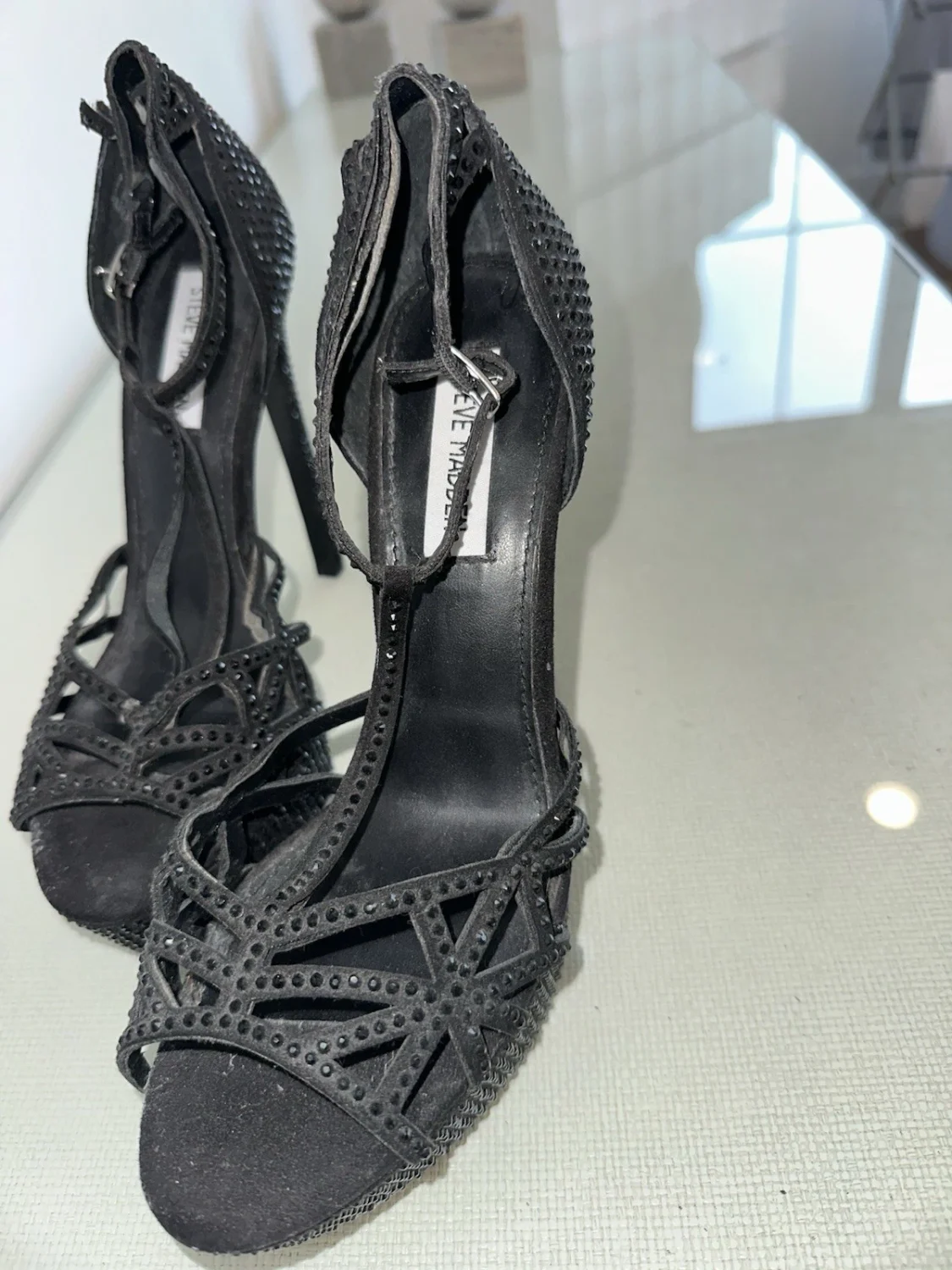 Steve Madden 女式黑色水钻绑带踝带露趾细高跟鞋 9-